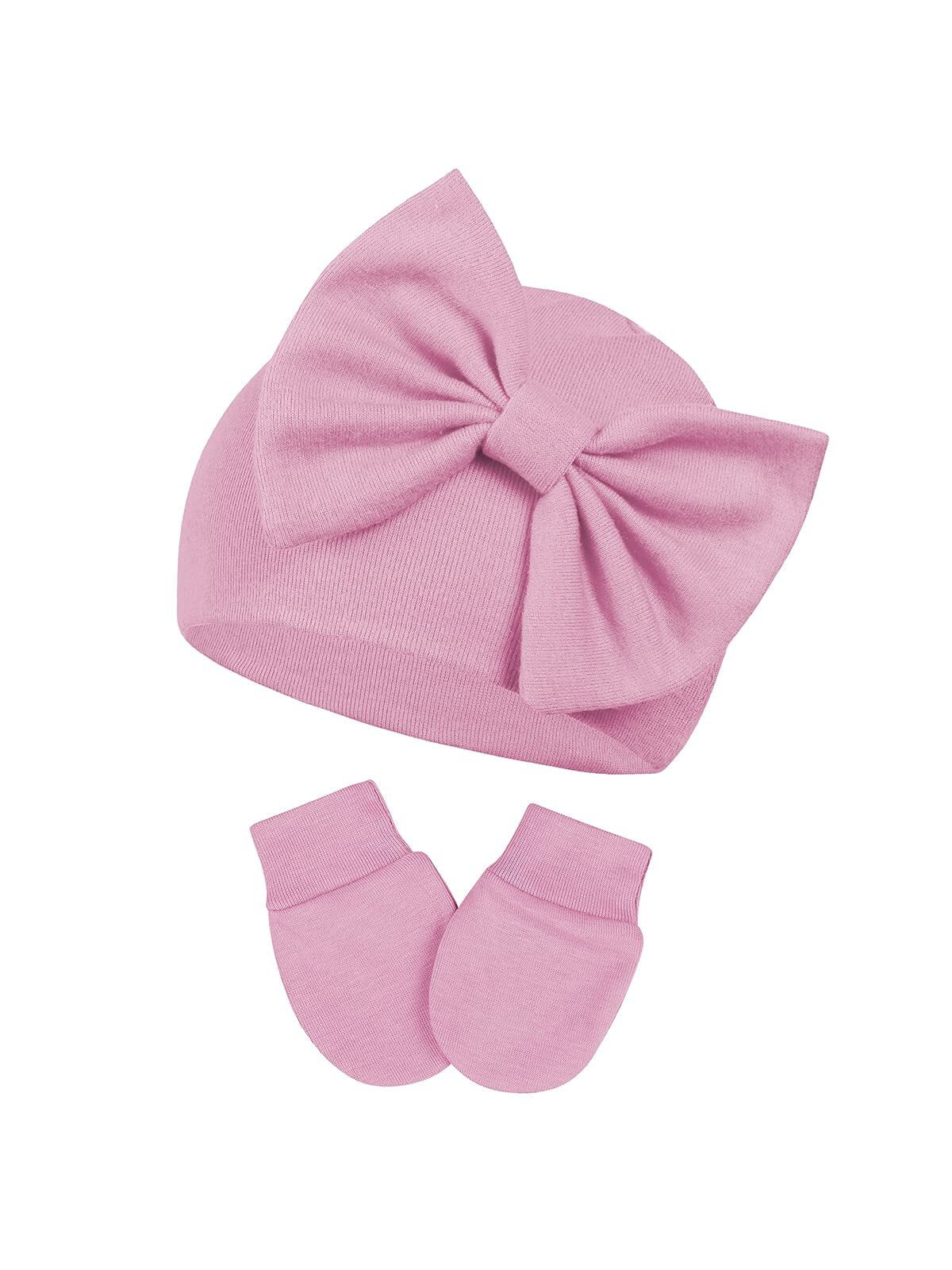 Infant Hat and Mitten Set Beanie Bow Baby Caps Newborn Caps with No Scratch Mittens Set Light Pink & White & Gray & Black 0-6 Months