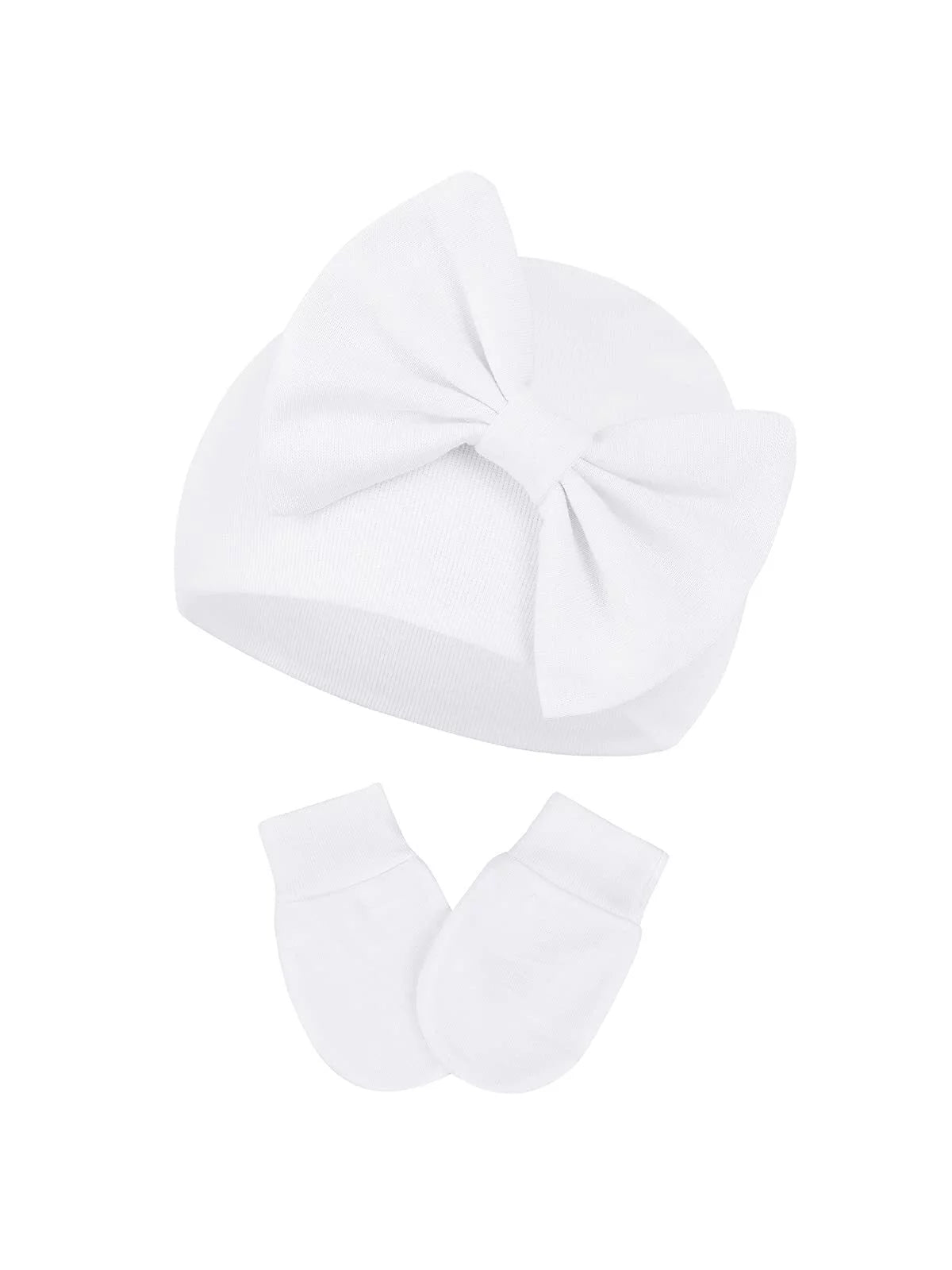Infant Hat and Mitten Set Beanie Bow Baby Caps Newborn Caps with No Scratch Mittens Set Light Pink & White & Gray & Black 0-6 Months