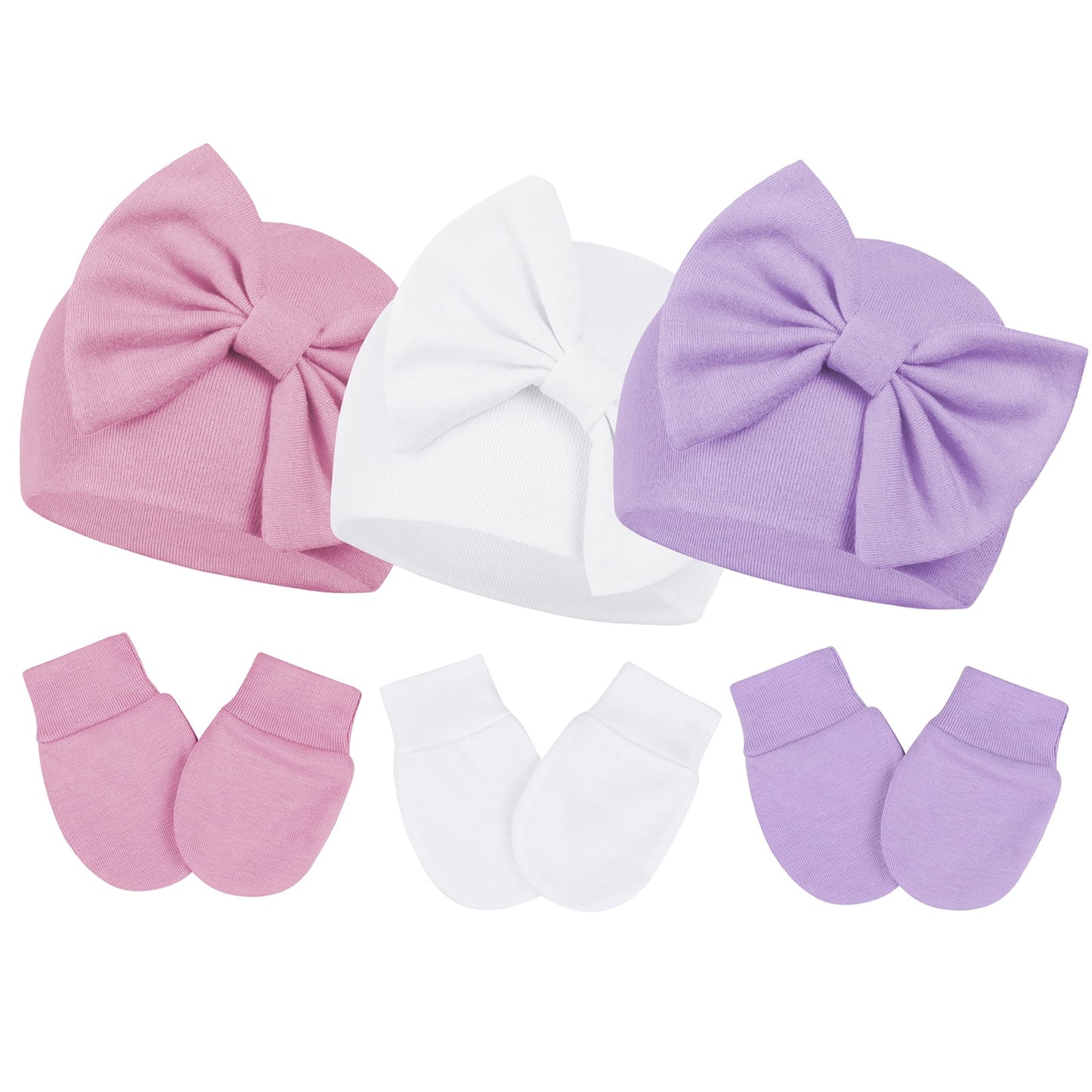 Infant Hat and Mitten Set Beanie Bow Baby Caps Newborn Caps with No Scratch Mittens Set Light Pink & White & Gray & Black 0-6 Months